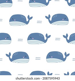 Patrón de ballena azul marino sin costura para los niños. Diseño dibujado a mano al estilo de las caricaturas. Uso para textiles, impresiones, papel pintado, ilustraciones vectoriales.