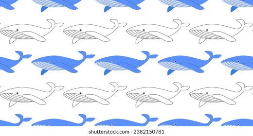 Blue whale seamless pattern. Sea animal. Undersea life. Flat and outline drawing. World whale day. Save the ocean. Defense day. Background, banner, digital paper.