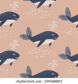 Blue whale seamless vector pattern. Cute style blue fun fish background. Sea life animal kid print.