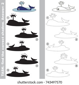 Blue Whale set to find the correct shadow, the matching educational kid game to compare and connect objects and their true shadows, simple gaming level for preschool kids.
