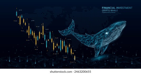 Blauwal Formen Polygon und Kerzenständer. Cryptocurrency Börsentrends nach unten Diagramm. Auf Weltkarte Hintergrund und Pfeile. Analyse der Geschäftsstrategie Finanzinvestitionen. Vektorgrafik.