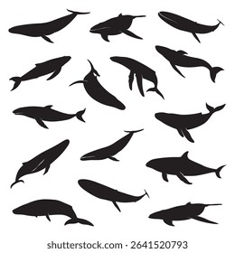 Blue whale silhouettes set isolated flat vector illustration. set of dolphin silhouette vectors. Dolphin Silhouette Vector