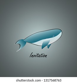 blue whale silver outlined on grey background with text. invitation card. logo. icon. vector illustration