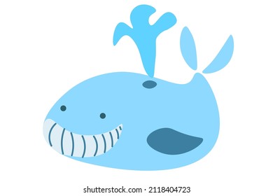 The blue whale smiles and lets out a fountain of water.