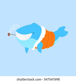 Blue Whale Smoking Pipe In Padded Coat,Arctic Animal Dressed In Winter Human Clothes Cartoon Character