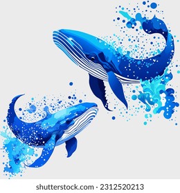 Ballena azul con salpicaduras en un fondo claro. Ilustración vectorial.