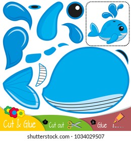 Blue whale sprinkles a water fountain. Education paper game for preshool children. Vector illustration.