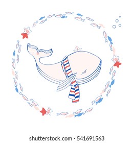 Blue Whale in striped scarf with paper boat cartoon illustration isolated on white background, vector doodle animal, round frame fish line art, Character design for travel card, children invitation