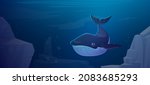 Blue whale swim in ocean space with rocks around. Marine animal, wildlife creature in sea environment, fauna species, underwater life, ecology conservation, save planet, Cartoon vector illustration