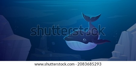 Blue whale swim in ocean space with rocks around. Marine animal, wildlife creature in sea environment, fauna species, underwater life, ecology conservation, save planet, Cartoon vector illustration