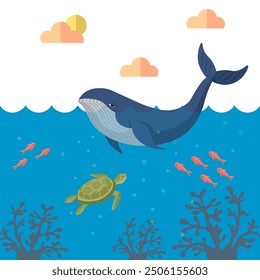 Blue whale swimming in the ocean, accompanied by small fish and a turtle. The underwater scene includes coral reefs and represents the rich biodiversity of the ocean ecosystem.