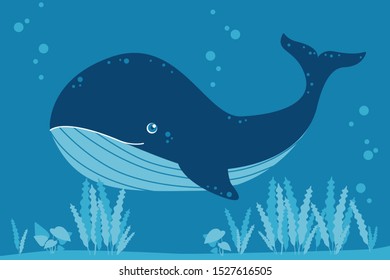 Blue whale swimming in the ocean with bubbles and plants