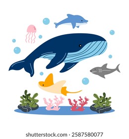 A blue whale swimming in the ocean surrounded by playful dolphins, schools of fish, and jellyfish, showing the diversity and interconnectedness of ocean life.