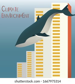 Blue whale swimming through big apartment buildings. Climate environment idea. Vector