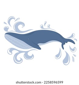 Blue whale swimming in water. Marine dweller. Concept of sea and ocean life. Vector illustration