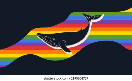 Blue whale swims in the dark sea, in the waves of the rainbow flag, the lgbt flag. Vector in cartoon style. All elements are isolated