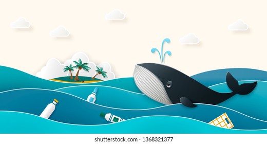 Blue whale swims in the ocean past a tropical island with palms. The sea is polluted with household garbage, plastic bottles and packaging are floating in the waves. Environmental pollution concept