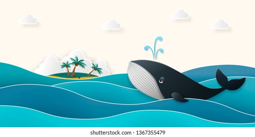 Blue whale swims on the sea past a tropical island with palm trees. Marine animal, waves in paper cut style. Vector illustration