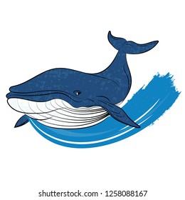 Blue whale swims on the blue wave