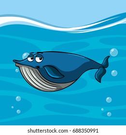 Blue whale swims under the sea illustration