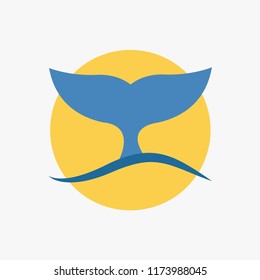 blue Whale tail cartoon isolated logo diving in the water & sunset or sun. background. wave or sea symbol or icon sign vector flat design. graphic illustration vacation & holiday underwater for print
