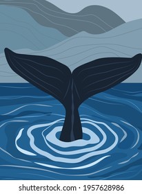 Blue whale tail flat vector illustration. Good for wall decoration, postcard or brochure, posters, invitations