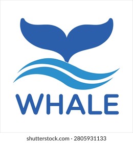 Blue whale tail logo with wavy lines on white background.