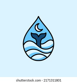 Blue Whale Tail At Sea Level With Wavy Ocean Waves And Water Droplets Frame Vector Illustration Symbol Graphic Design.