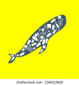 blue whale trash ocean plastic pollution. Ecological poster. Whale composed of white plastic waste bag, bottle on blue background.