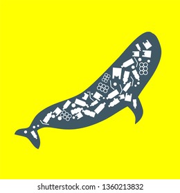 blue whale trash ocean plastic pollution. Ecological poster. Whale composed of white plastic waste bag, bottle on blue background.