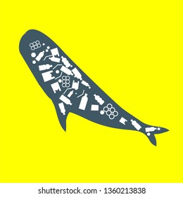 blue whale trash ocean plastic pollution. Ecological poster. Whale composed of white plastic waste bag, bottle on blue background.