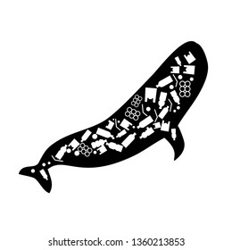 blue whale trash ocean plastic pollution. Ecological poster. Whale composed of white plastic waste bag, bottle on blue background.