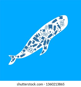 blue whale trash ocean plastic pollution. Ecological poster. Whale composed of white plastic waste bag, bottle on blue background.