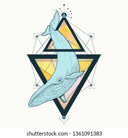 Blue whale in triangle color tattoo and t-shirt design.. Travel, adventure, outdoors symbol 