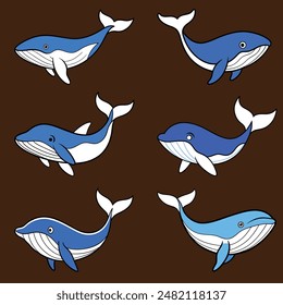 Blue whale vector art isolated on white background Ocean fauna Cartoon nautical illustration Marine style for greeting card logo or decoration.........