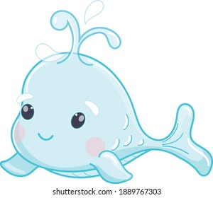 Blue Whale Vector flat Illustration. Cute cartoon character. Sea creature