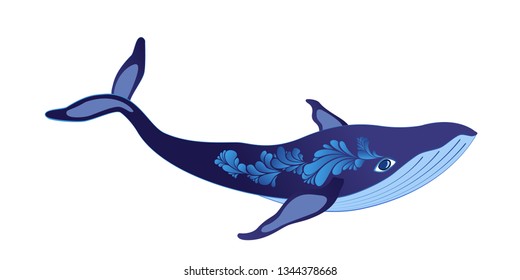 Blue whale vector illustration isolated on white. Big wild underwater animal beautiful blue violet white vector whale ballena painting. Mammal marine or oceanic water animal swimming. 