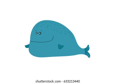 Blue whale vector illustration isolated on white background. Cute ocean creature, comic aquarium animal, marine wildlife character in cartoon style.