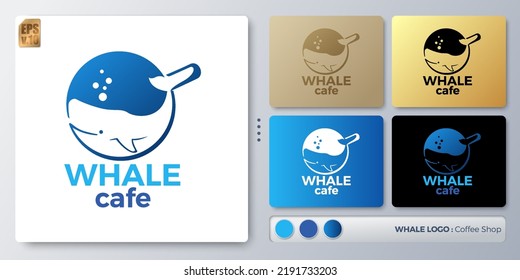 Blue Whale vector illustration Logo design. Blank name for insert your Branding. Designed with examples for all kinds of applications. You can used for company, indentity, coffee shop, restaurant.