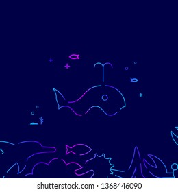 Blue Whale Vector Line Illustration. Marine Life, Underwater World, Sea Creature Gradient Icon, Symbol or Pictogram, Sign. Dark Blue Background. Related Bottom Border.