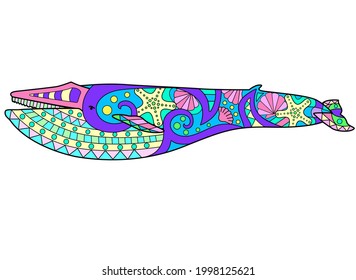 Blue whale - vector linear full color zentangle illustration - with marine mammal living in the ocean. Template for stained glass, batik or coloring. Blue whale painted with zentangles