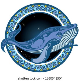 Blue whale vector round illustration. Big wave and sea fish in vintage style.