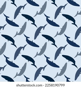 Blue whale vector seamless pattern. Nursery and baby decor adorable print. Cute sea animal illustration. Wallpaper print art, textile design. 