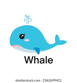 Blue whale with water fountain cute cartoon character with eyes, tail,  flat design on white background. 