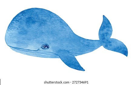 Blue Whale - Watercolor Cartoon Hand Drawing Vector Paint 