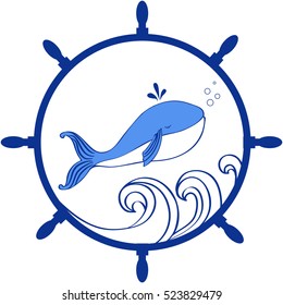 Blue Whale, wave cartoon illustration isolated on white background, vector doodle animal, round frame wheel, Character design for greeting card, children invitation, baby shower, advertising travel