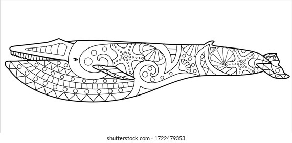Blue whale - zentangle antistress coloring book - vector linear picture. The blue whale, the largest animal, is an element for a coloring book about the inhabitants of the ocean or marine mammals.