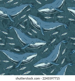 Blue whales colorful seamless pattern fish swimming on seabed and huge cetaceans in depths of ocean vector illustration