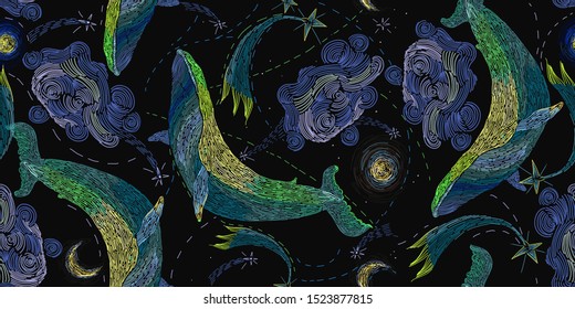 Blue whales float the night sky. Classical art embroidery. Horizontal seamless pattern. Template for clothes, textiles. Sea adventure art 