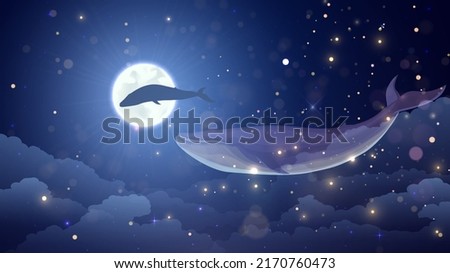 Blue whales fly in the clouds in the night sky, full moon and stars